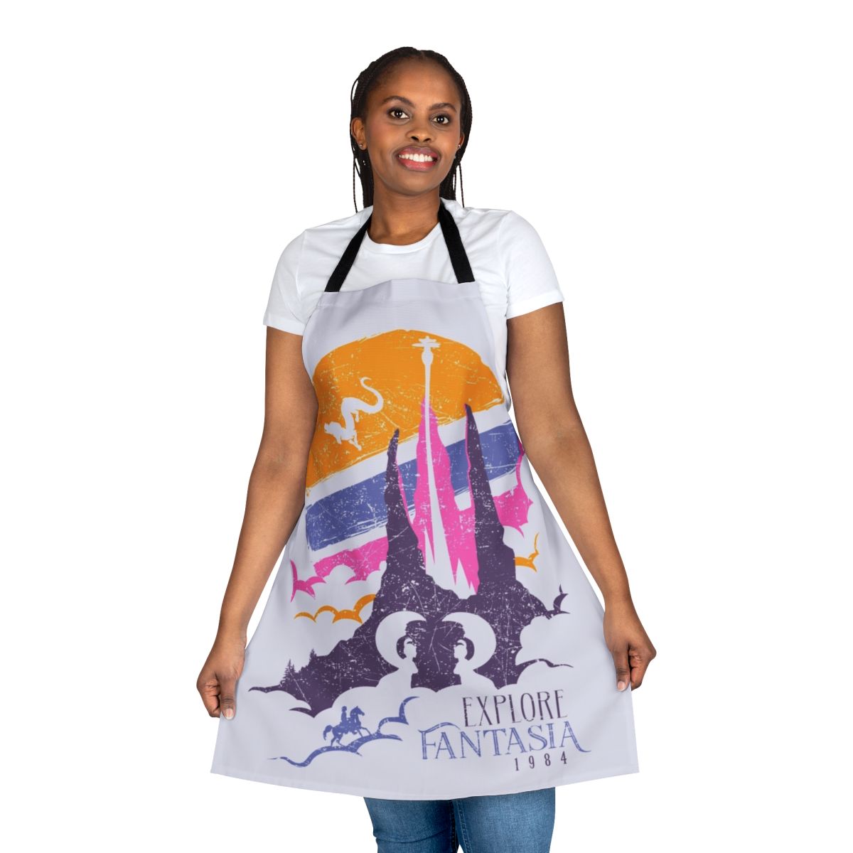 Model wearing a vibrant fantasy-themed apron with Falkor the luckdragon and Atreyu from The NeverEnding Story
