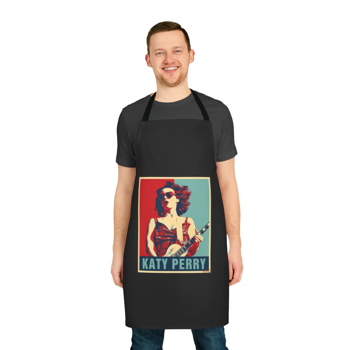A retro-style apron featuring a pop art design inspired by Katy Perry's music and style.