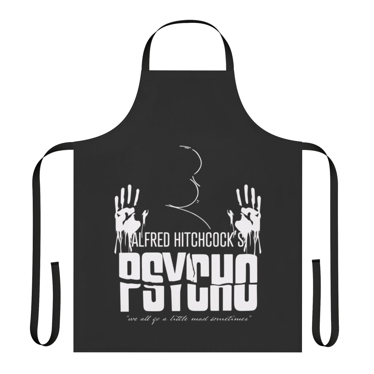Retro-style black and white apron with Psycho movie imagery and Alfred Hitchcock silhouette