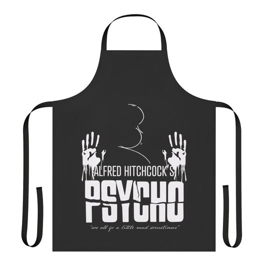 Retro-style black and white apron with Psycho movie imagery and Alfred Hitchcock silhouette