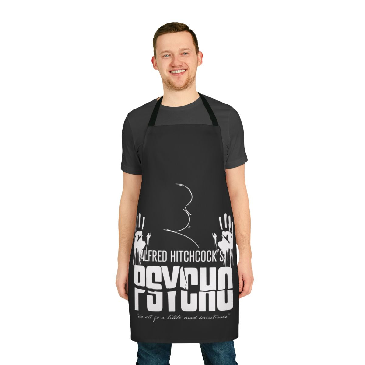 Retro-style black and white apron with Psycho movie imagery and Alfred Hitchcock silhouette