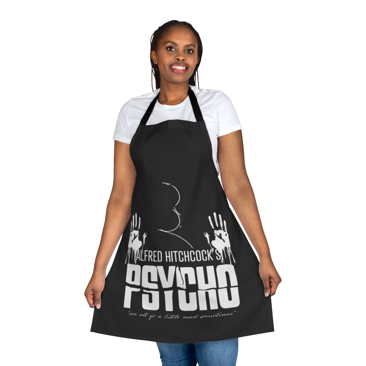 Retro-style black and white apron with Psycho movie imagery and Alfred Hitchcock silhouette