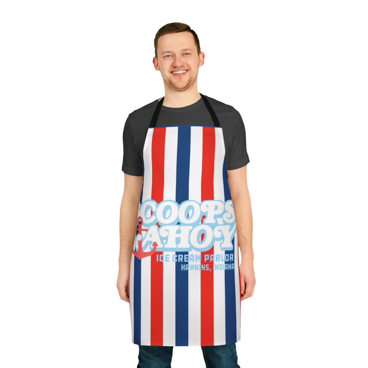 Retro-style apron featuring the Scoops Ahoy logo and characters from the hit Netflix series Stranger Things