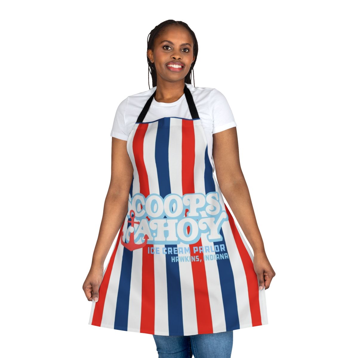 Retro-style apron featuring the Scoops Ahoy logo and characters from the hit Netflix series Stranger Things