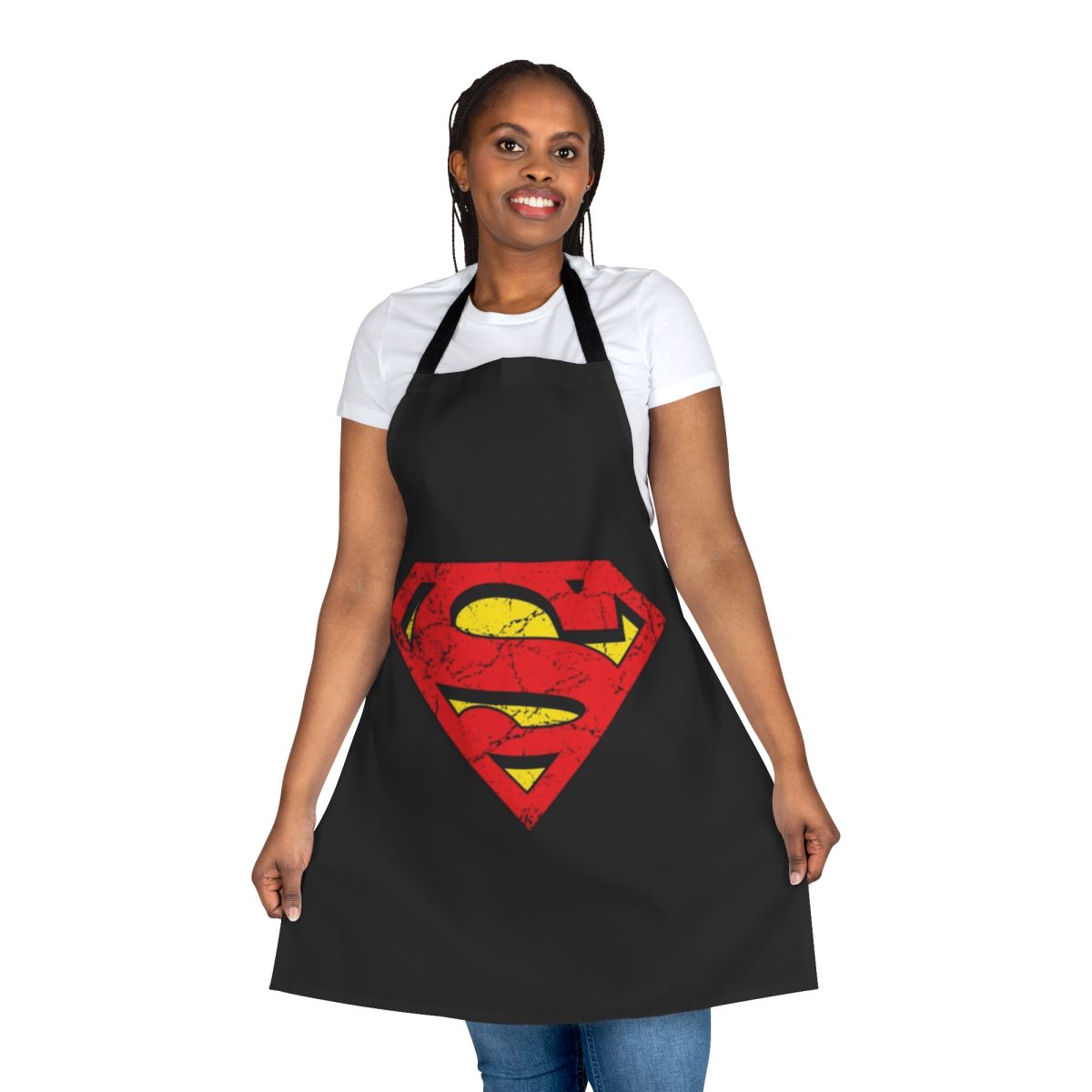 Retro superhero apron with vintage Super Man logo design