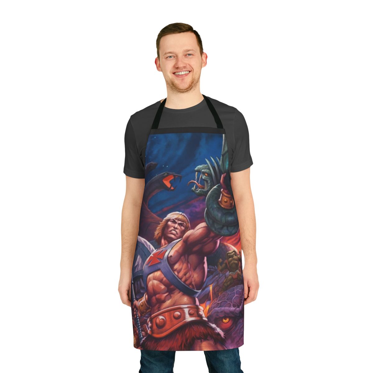 Retro-style apron featuring characters from a classic 1980s cartoon superhero series