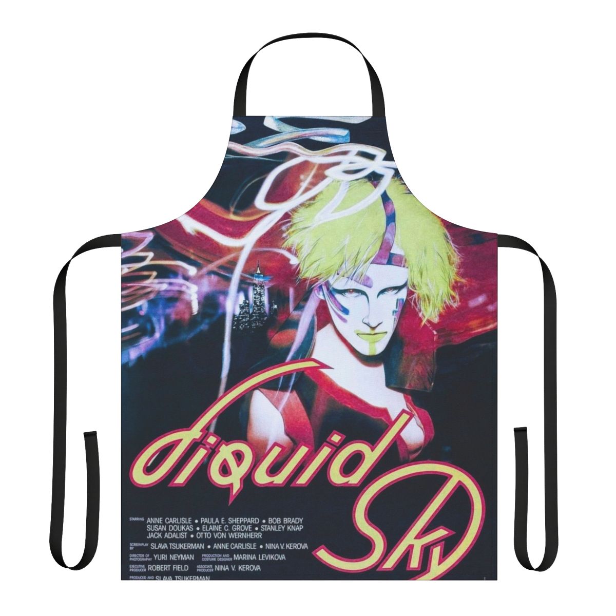 Apron featuring a surreal, colorful design inspired by the 1982 cult film "Liquid Sky"