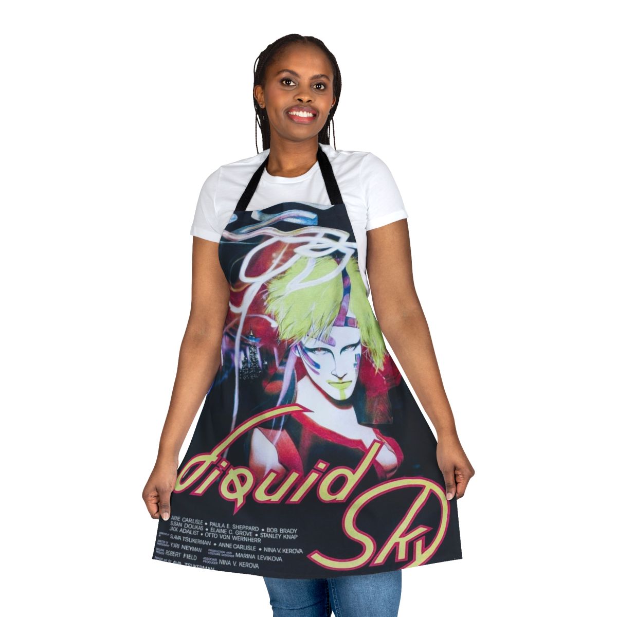 Apron featuring a surreal, colorful design inspired by the 1982 cult film "Liquid Sky"