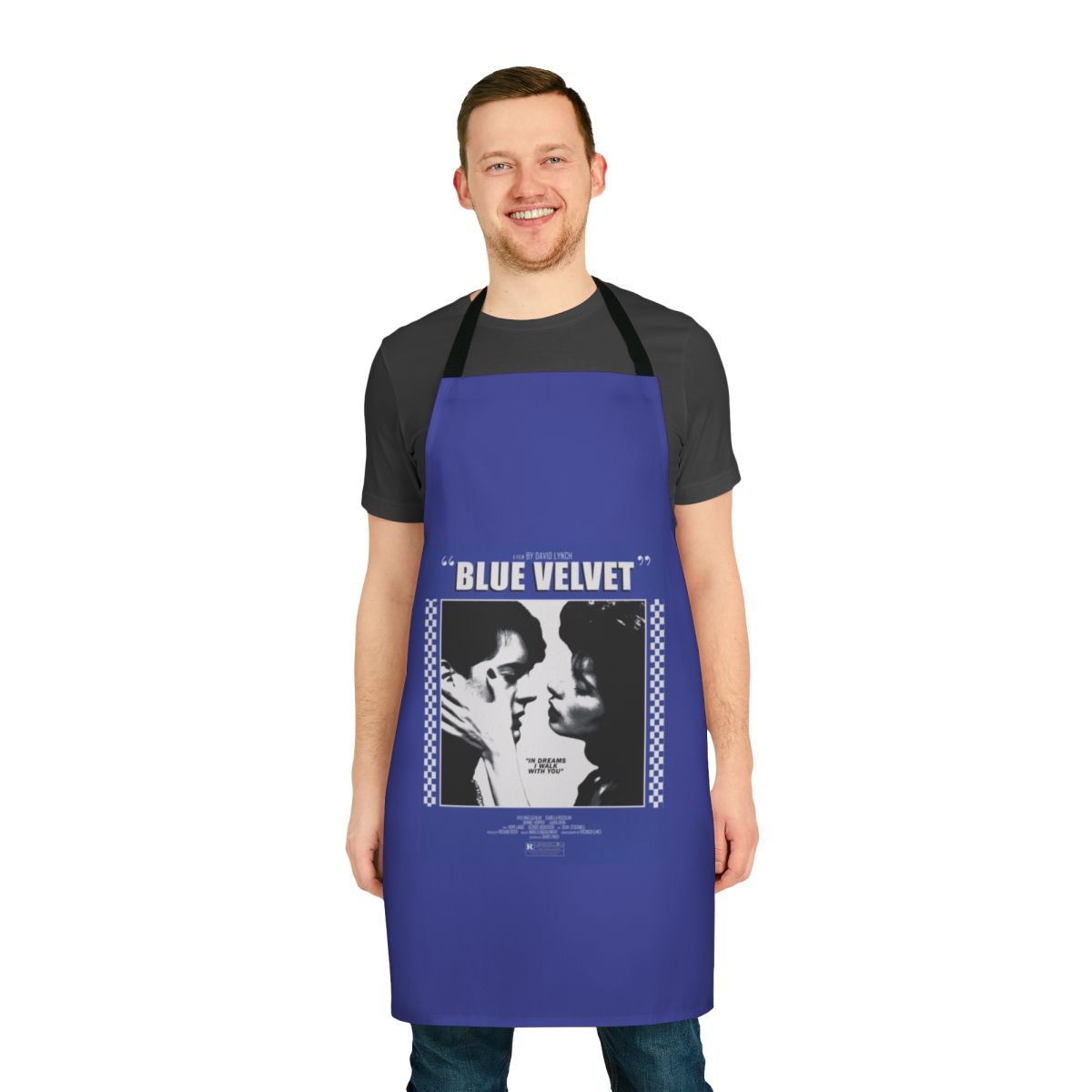 Blue Velvet movie poster-inspired apron with surreal, retro design