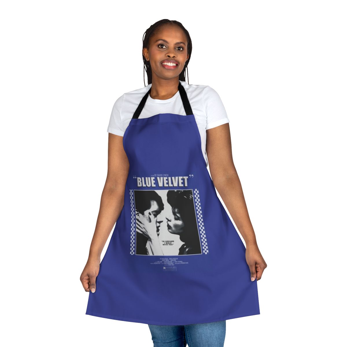 Blue Velvet movie poster-inspired apron with surreal, retro design