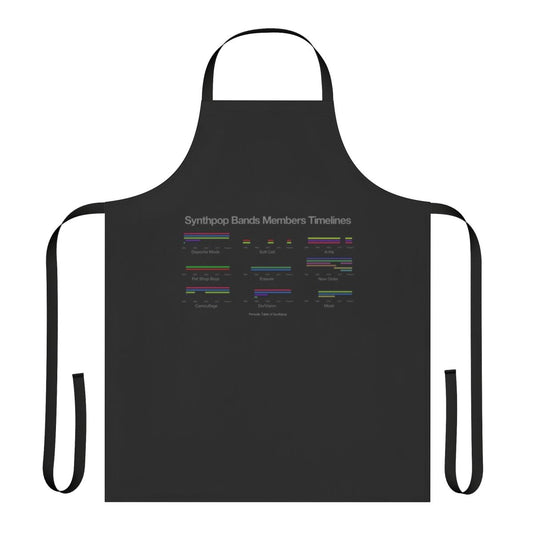 Apron featuring a periodic table-style design showcasing members of iconic synthpop bands from the 1980s