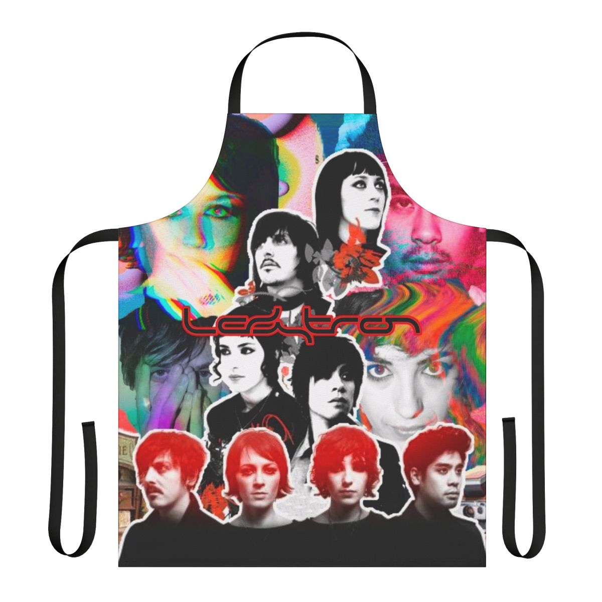 Retro-styled apron featuring a collage of synthpop and electronic music imagery