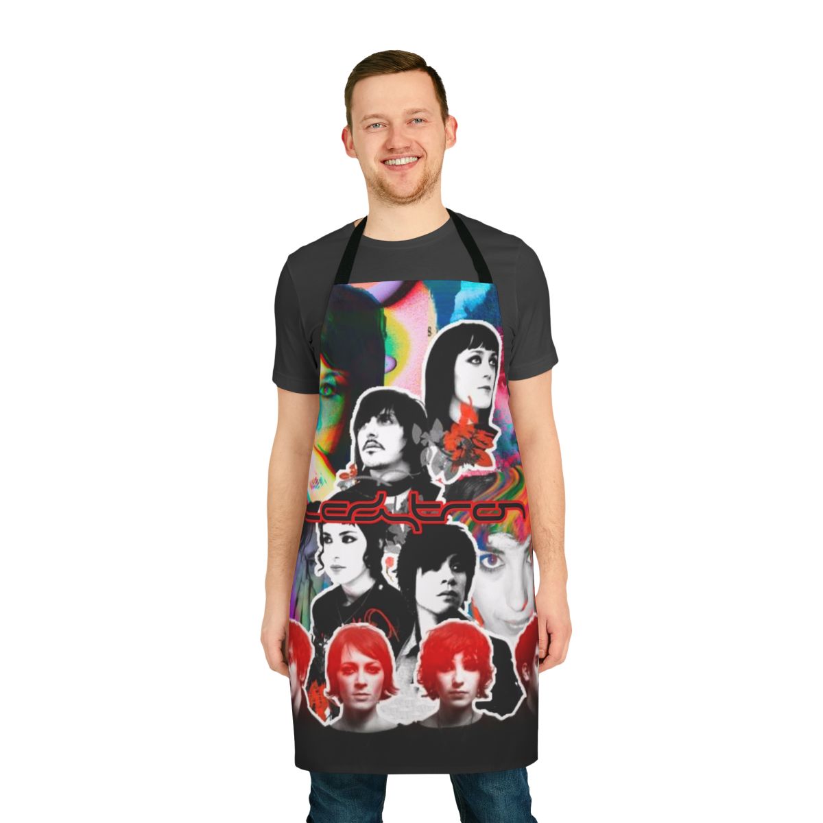 Retro-styled apron featuring a collage of synthpop and electronic music imagery