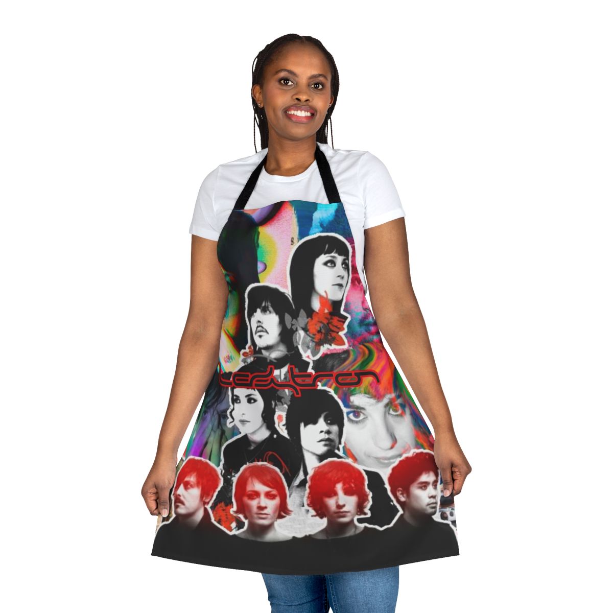 Retro-styled apron featuring a collage of synthpop and electronic music imagery