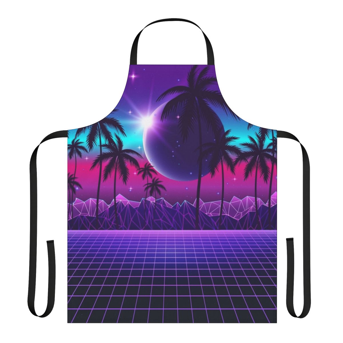 Retro-inspired synthwave apron with vibrant neon colors and futuristic design