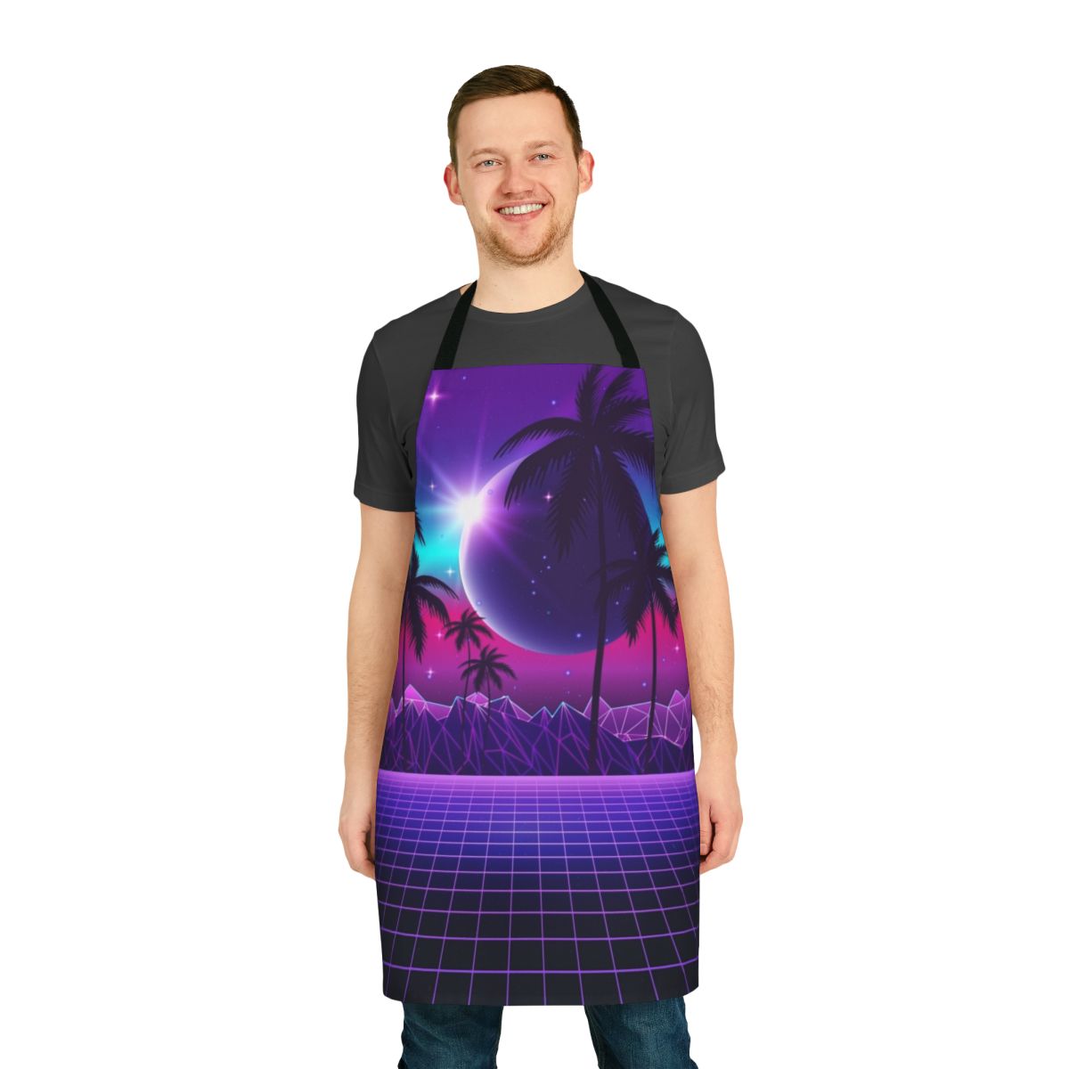 Retro-inspired synthwave apron with vibrant neon colors and futuristic design
