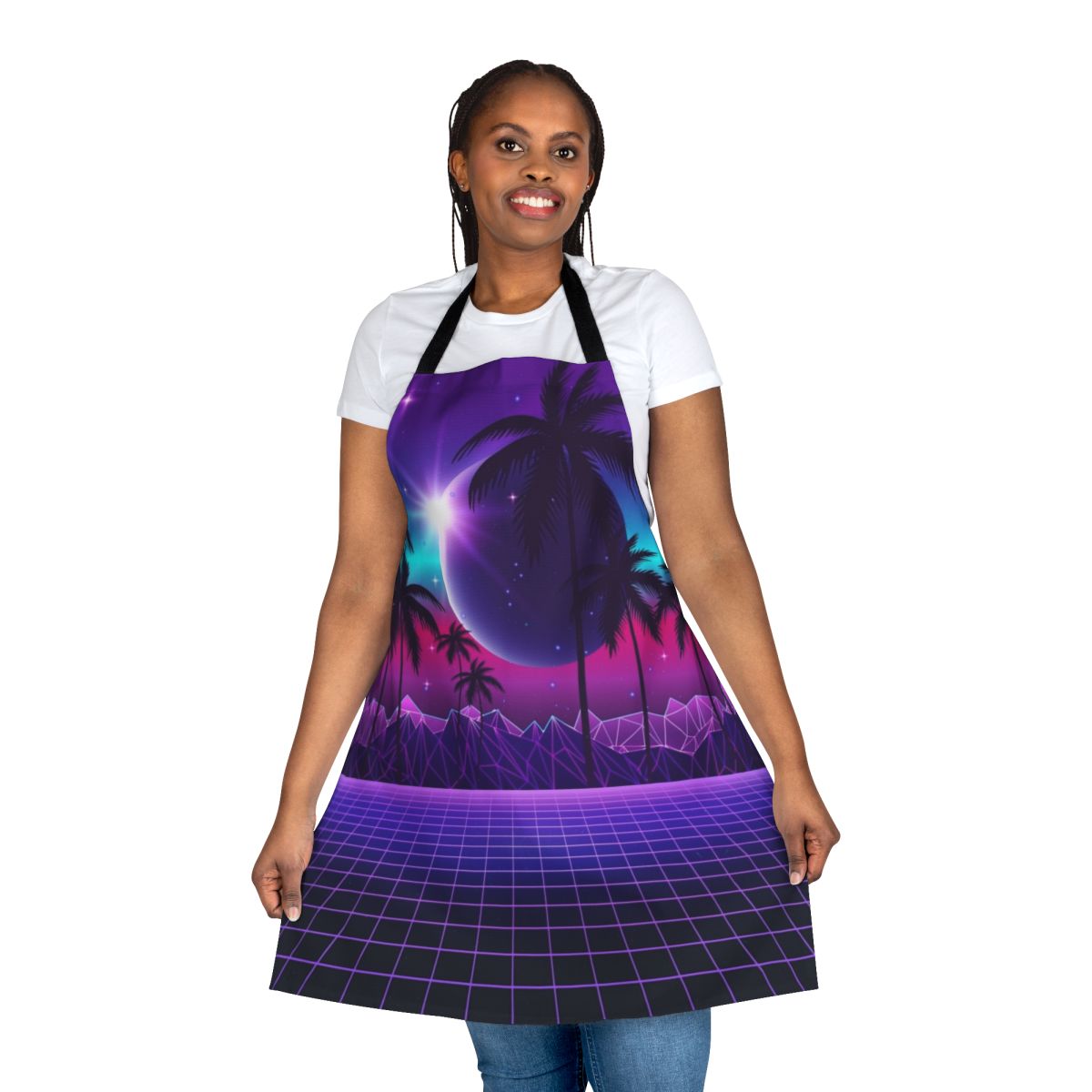 Retro-inspired synthwave apron with vibrant neon colors and futuristic design