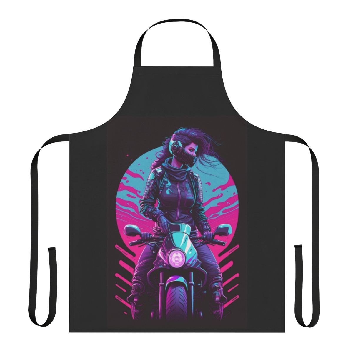 Vibrant 80s synthwave-inspired apron featuring a biker girl design
