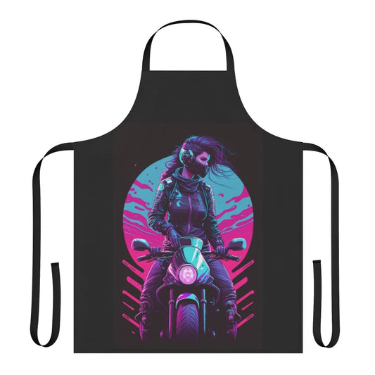 Vibrant 80s synthwave-inspired apron featuring a biker girl design