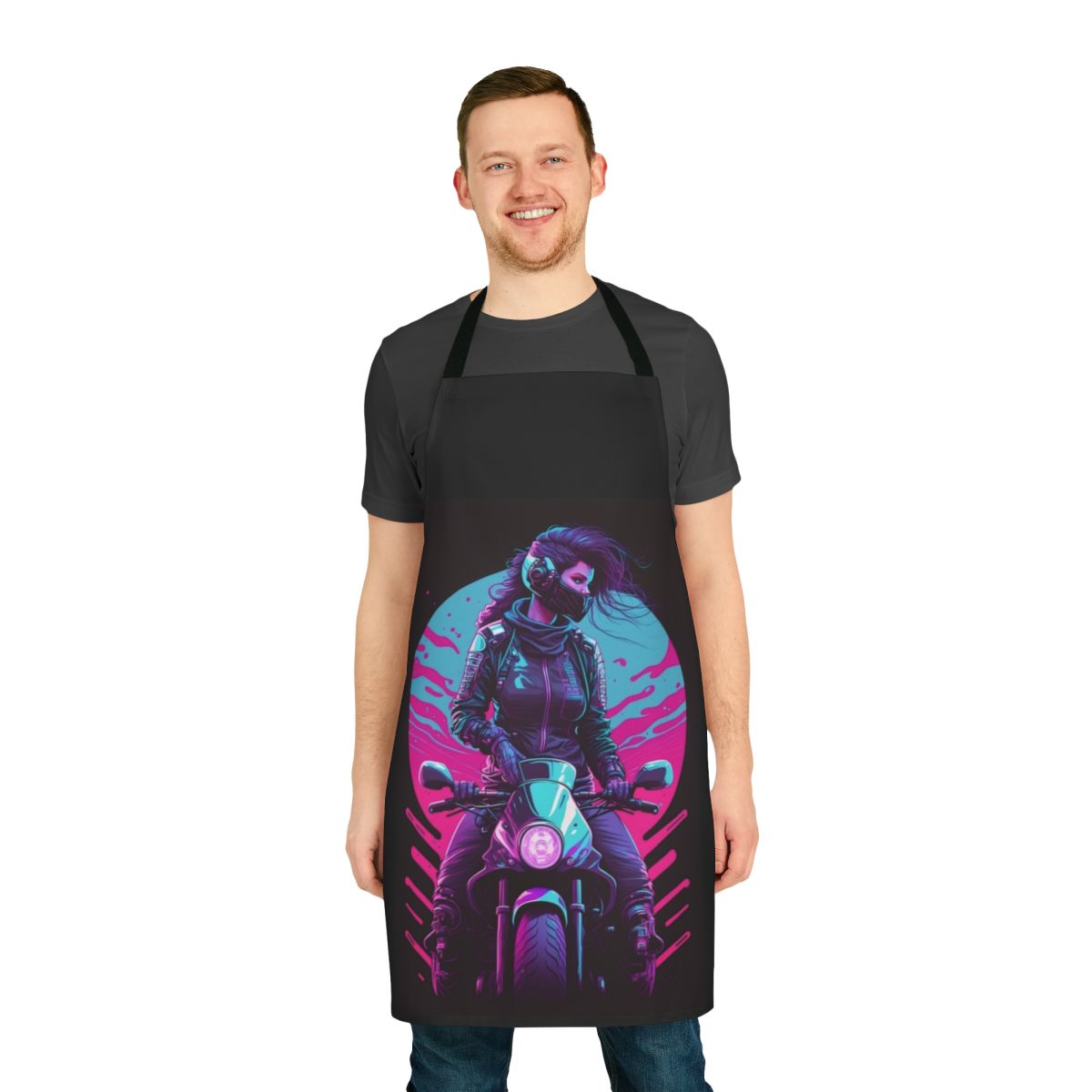 Vibrant 80s synthwave-inspired apron featuring a biker girl design