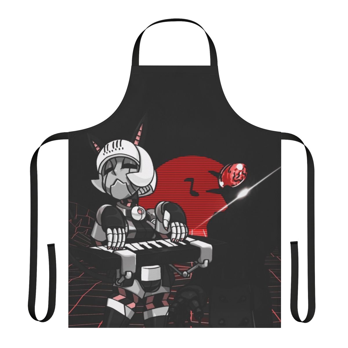 Skullgirls-inspired retro synthwave apron with brain drain design