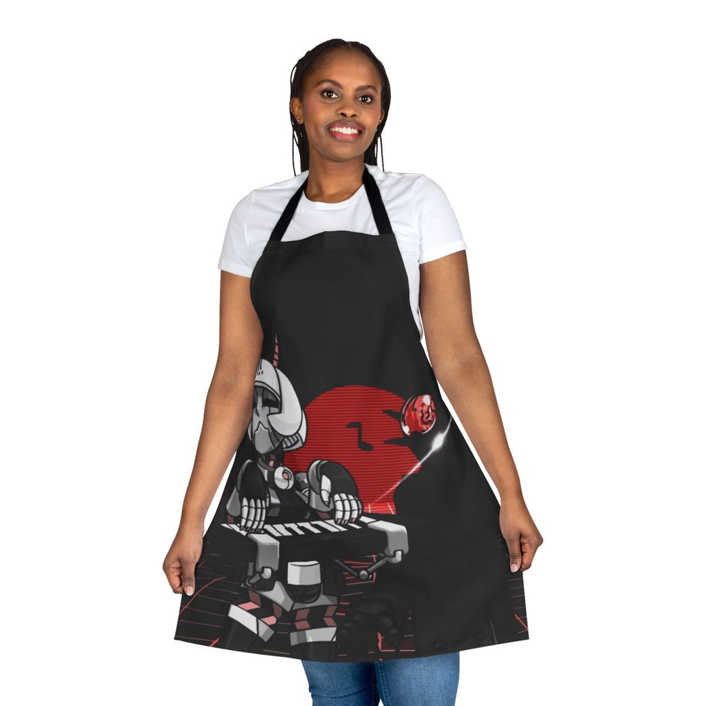 Skullgirls-inspired retro synthwave apron with brain drain design