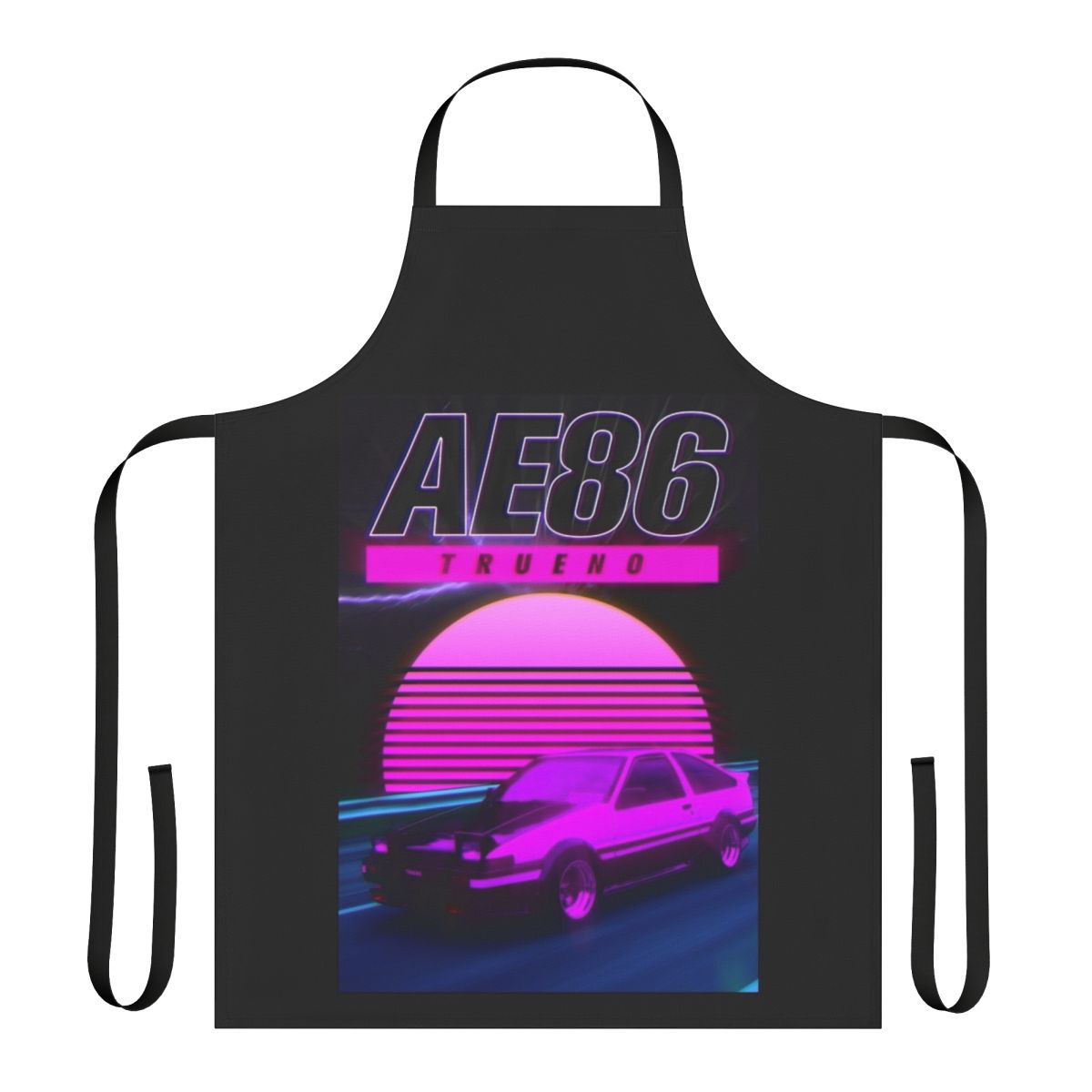 Retro synthwave inspired apron featuring the iconic Toyota Ae86 Trueno