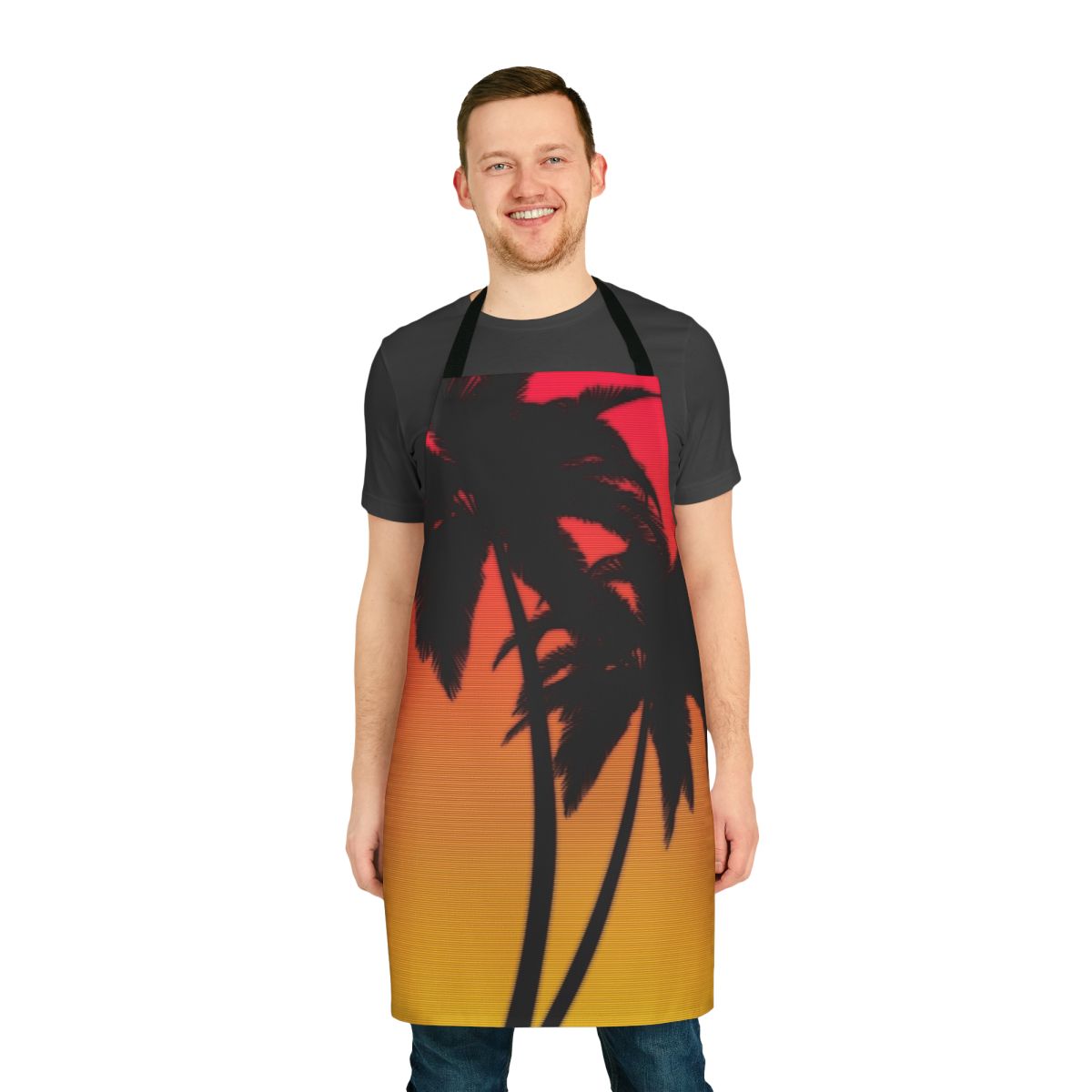 Retro synthwave inspired apron featuring a vibrant Miami sunset scene with palm trees