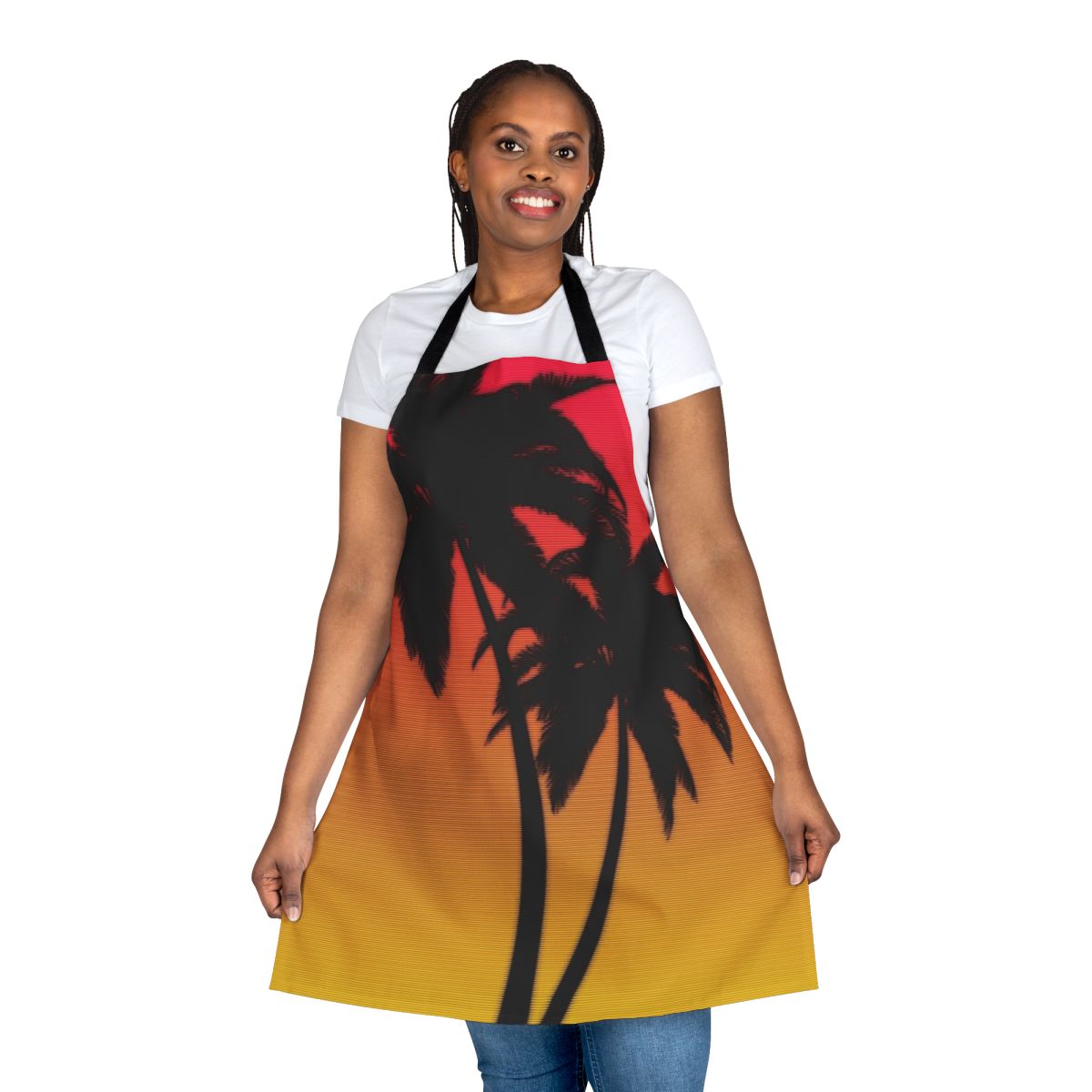 Retro synthwave inspired apron featuring a vibrant Miami sunset scene with palm trees