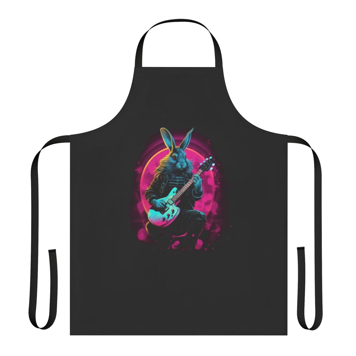 Synthwave-inspired apron featuring a rabbit playing a guitar in a neon, futuristic design