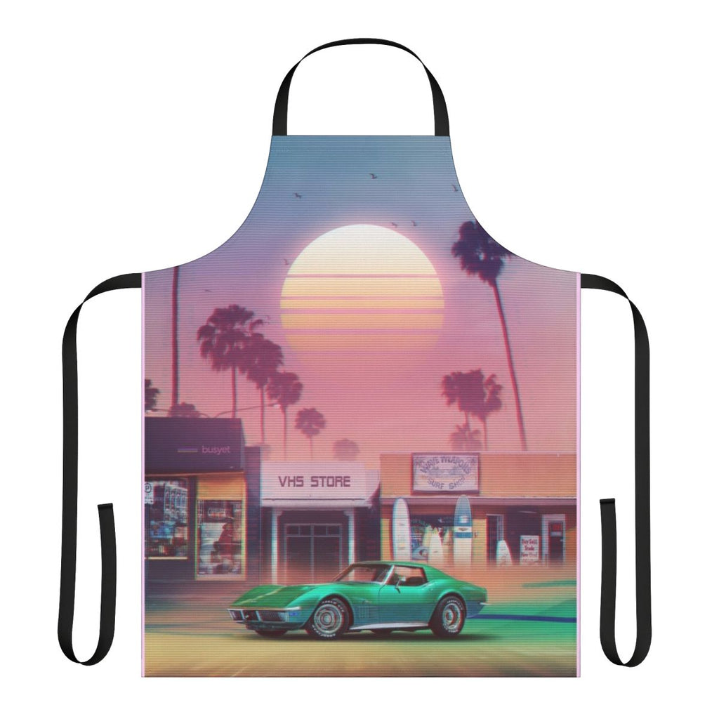 Retro-style synthwave apron with sunset and palm tree graphics