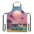 Retro-style synthwave apron with sunset and palm tree graphics