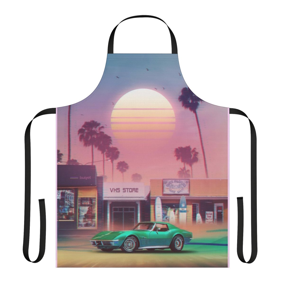 Retro-style synthwave apron with sunset and palm tree graphics