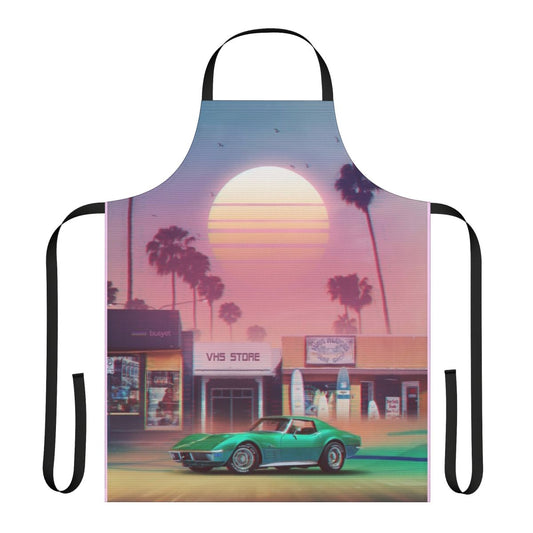 Retro-style synthwave apron with sunset and palm tree graphics