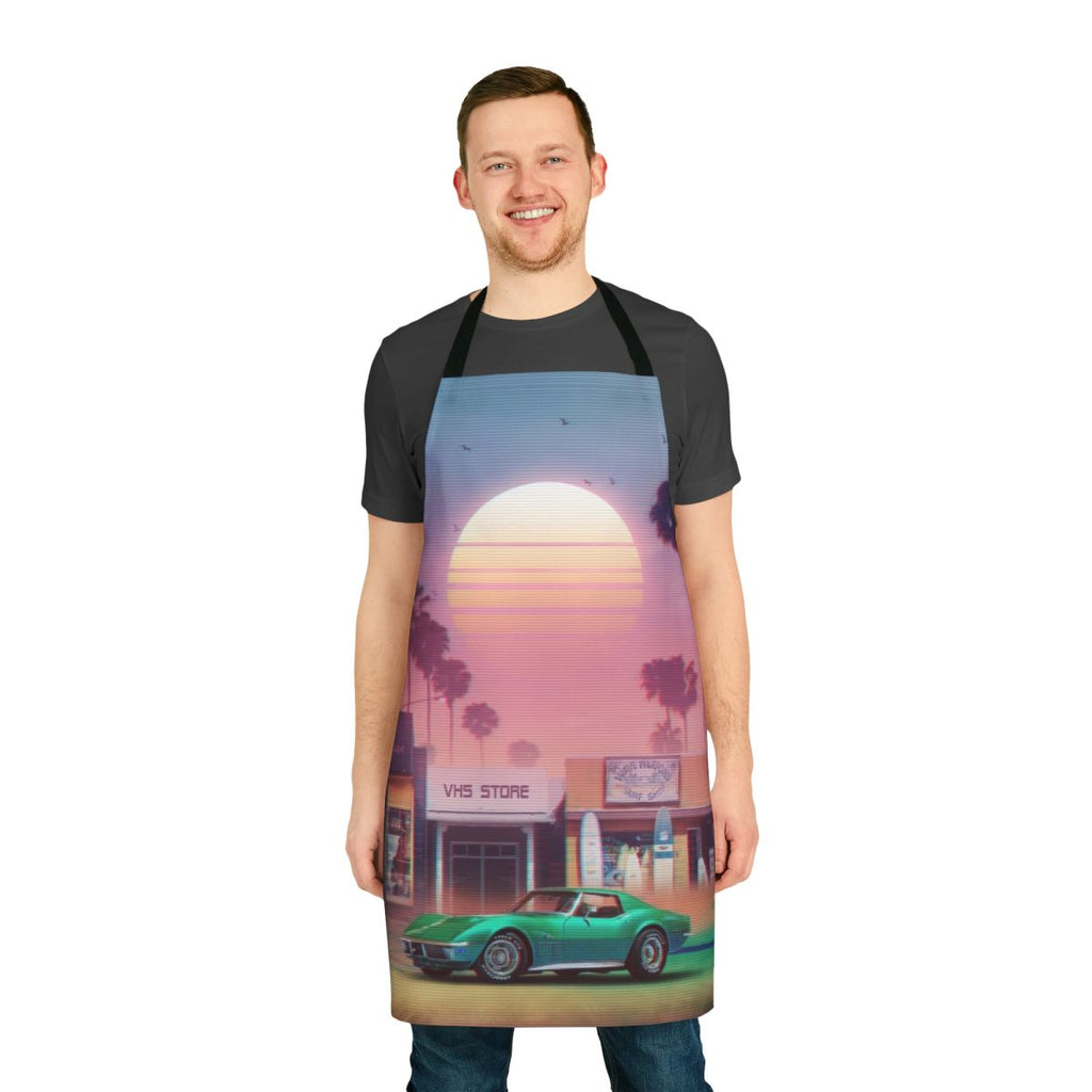 Retro-style synthwave apron with sunset and palm tree graphics