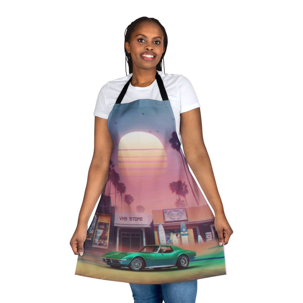 Retro-style synthwave apron with sunset and palm tree graphics