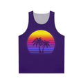 Retro synthwave unisex tank top with palm trees and sunset