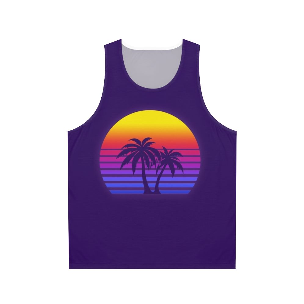 Retro synthwave unisex tank top with palm trees and sunset