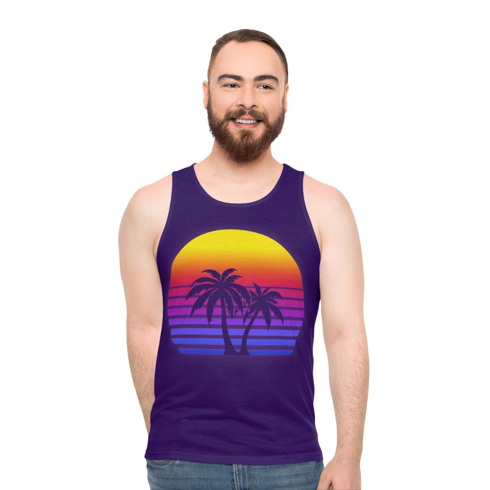 Retro synthwave unisex tank top with palm trees and sunset