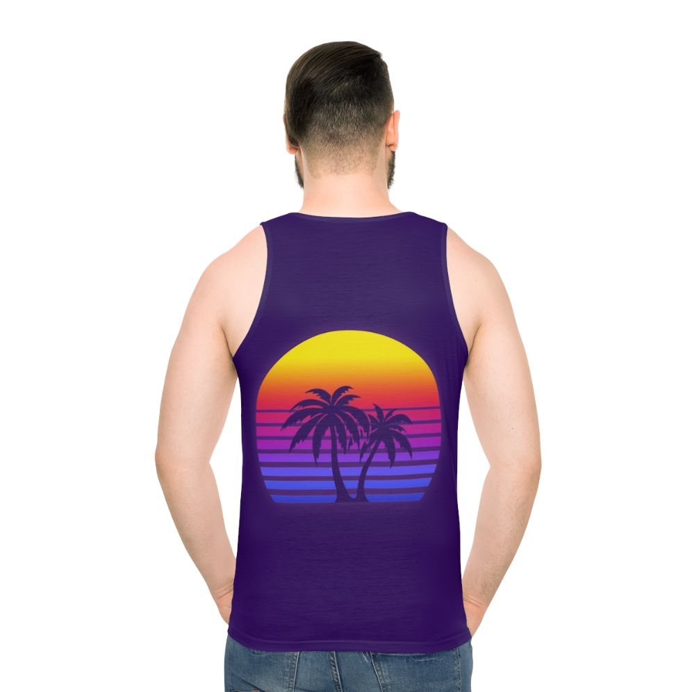 Retro synthwave unisex tank top with palm trees and sunset