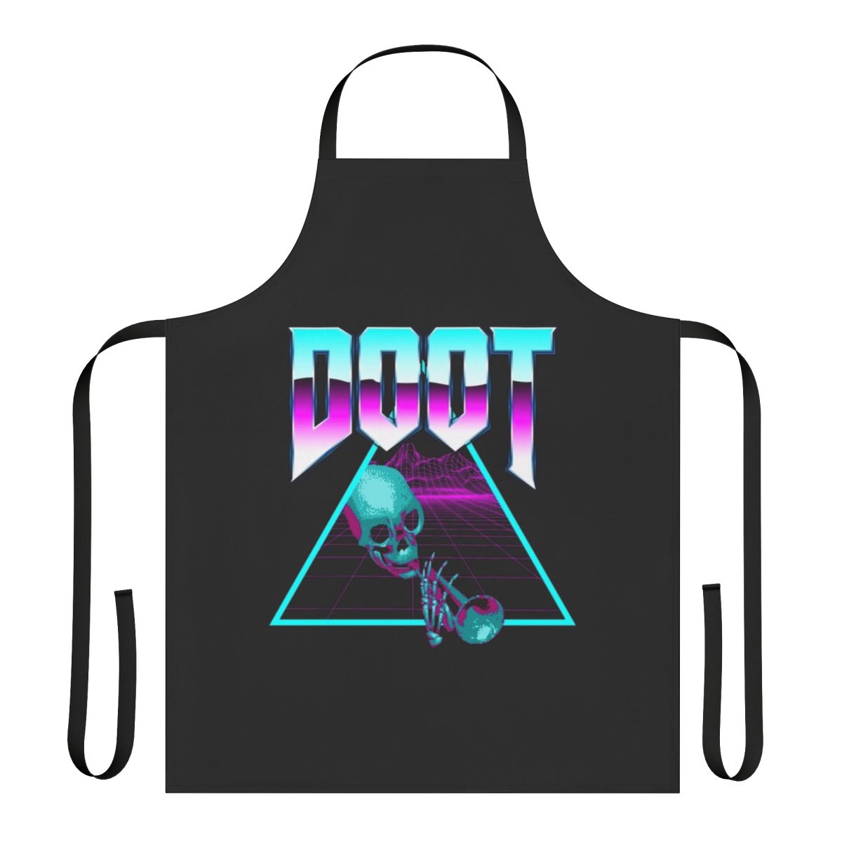 Retro synthwave vaporwave outrun themed apron with pineapple and palm tree graphics