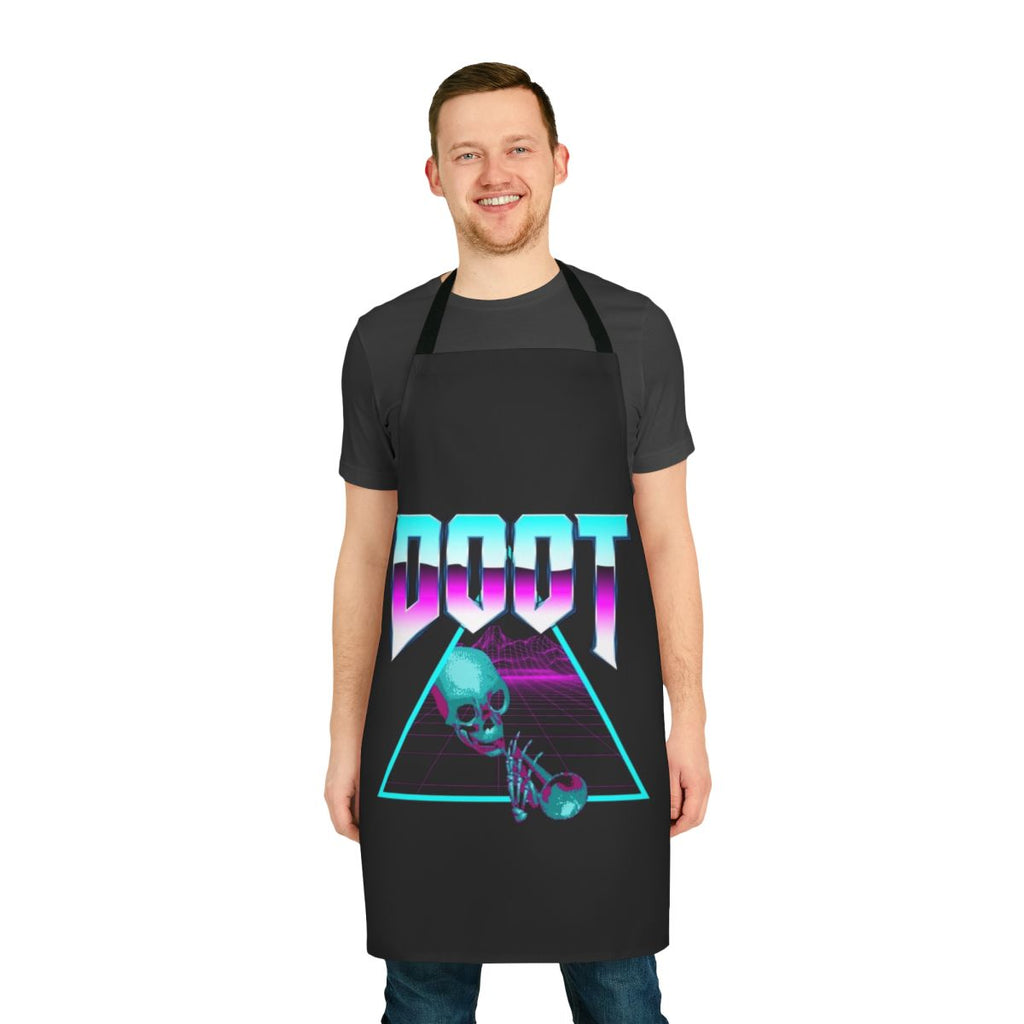 Retro synthwave vaporwave outrun themed apron with pineapple and palm tree graphics