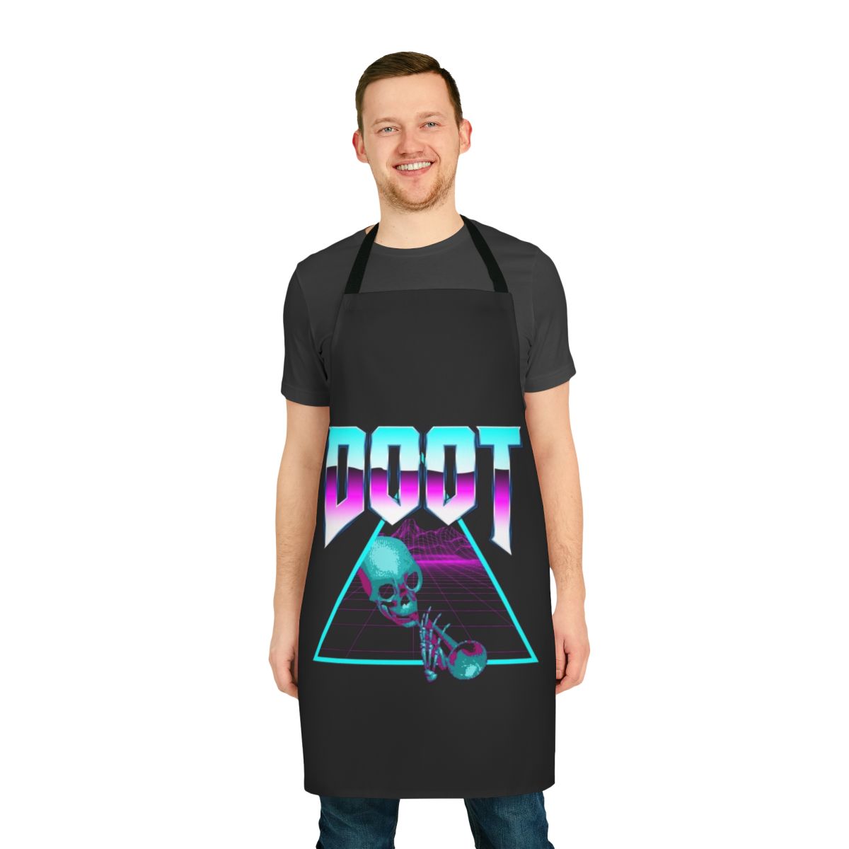Retro synthwave vaporwave outrun themed apron with pineapple and palm tree graphics