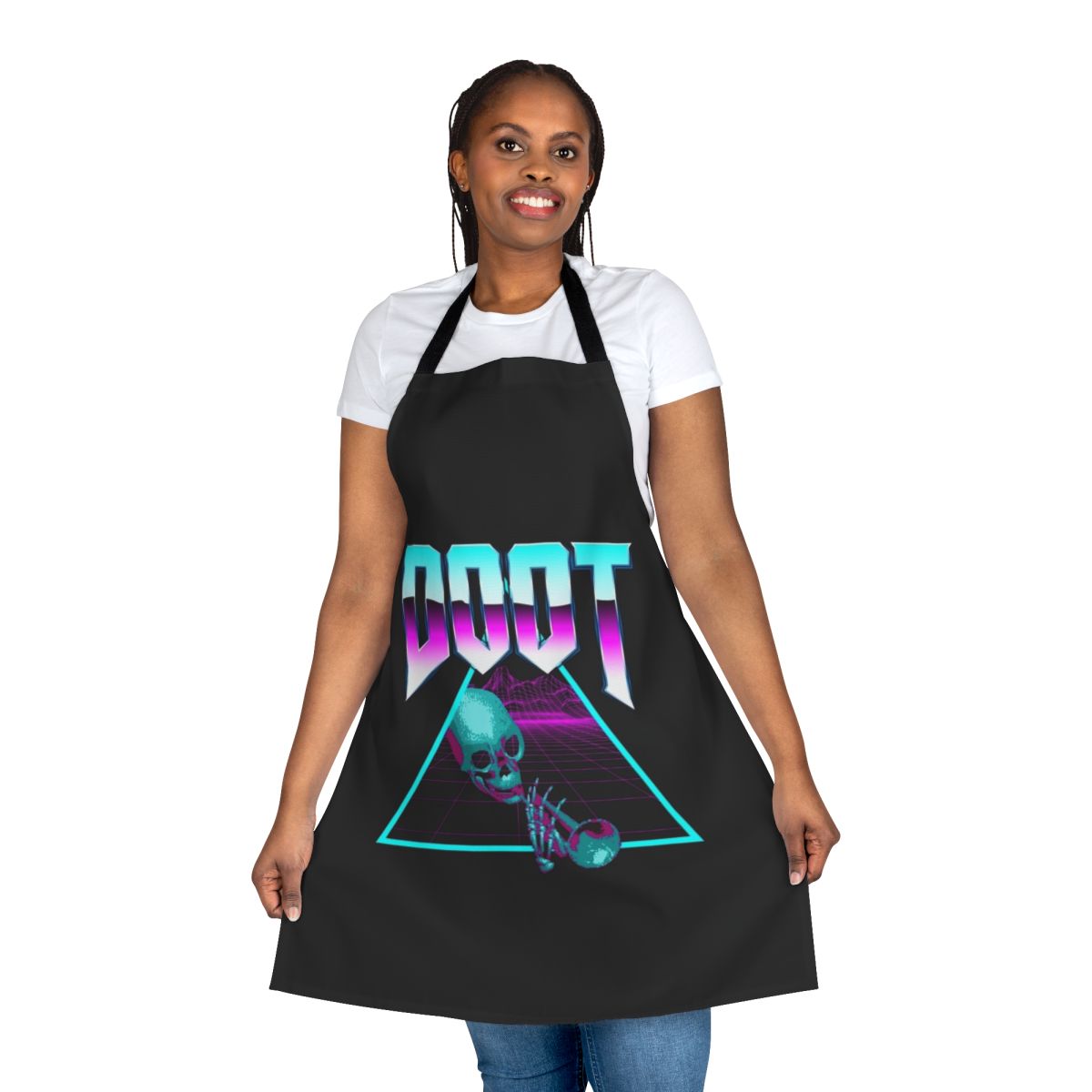 Retro synthwave vaporwave outrun themed apron with pineapple and palm tree graphics