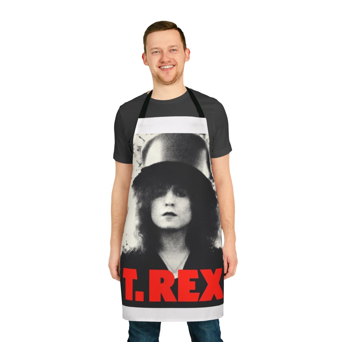 A stylish and durable apron featuring a T-Rex design, perfect for music and fashion fans in the kitchen.