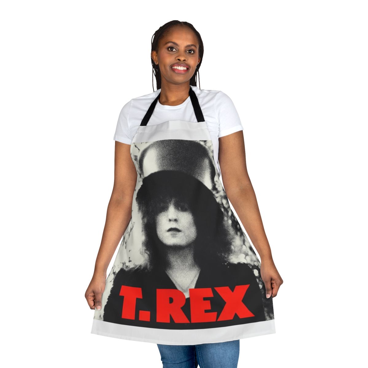 A stylish and durable apron featuring a T-Rex design, perfect for music and fashion fans in the kitchen.