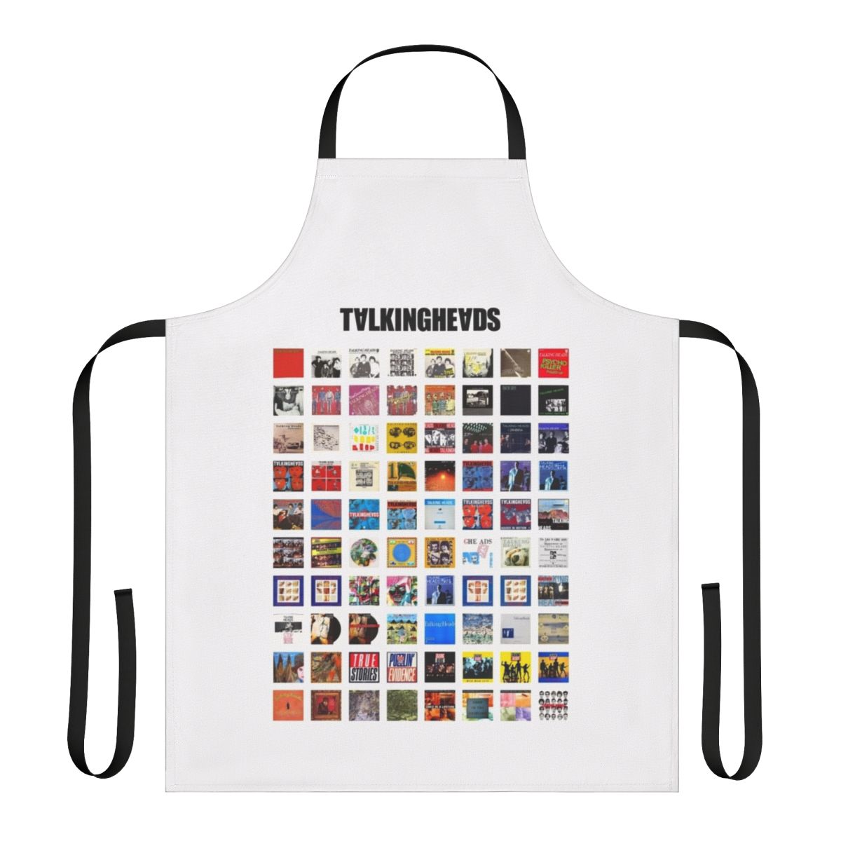 Retro-style apron featuring iconic Talking Heads album art and music graphics