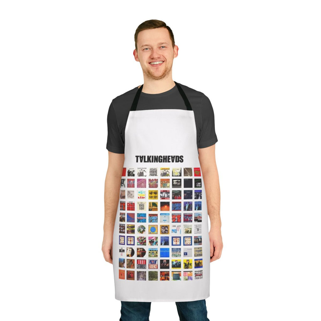 Retro-style apron featuring iconic Talking Heads album art and music graphics