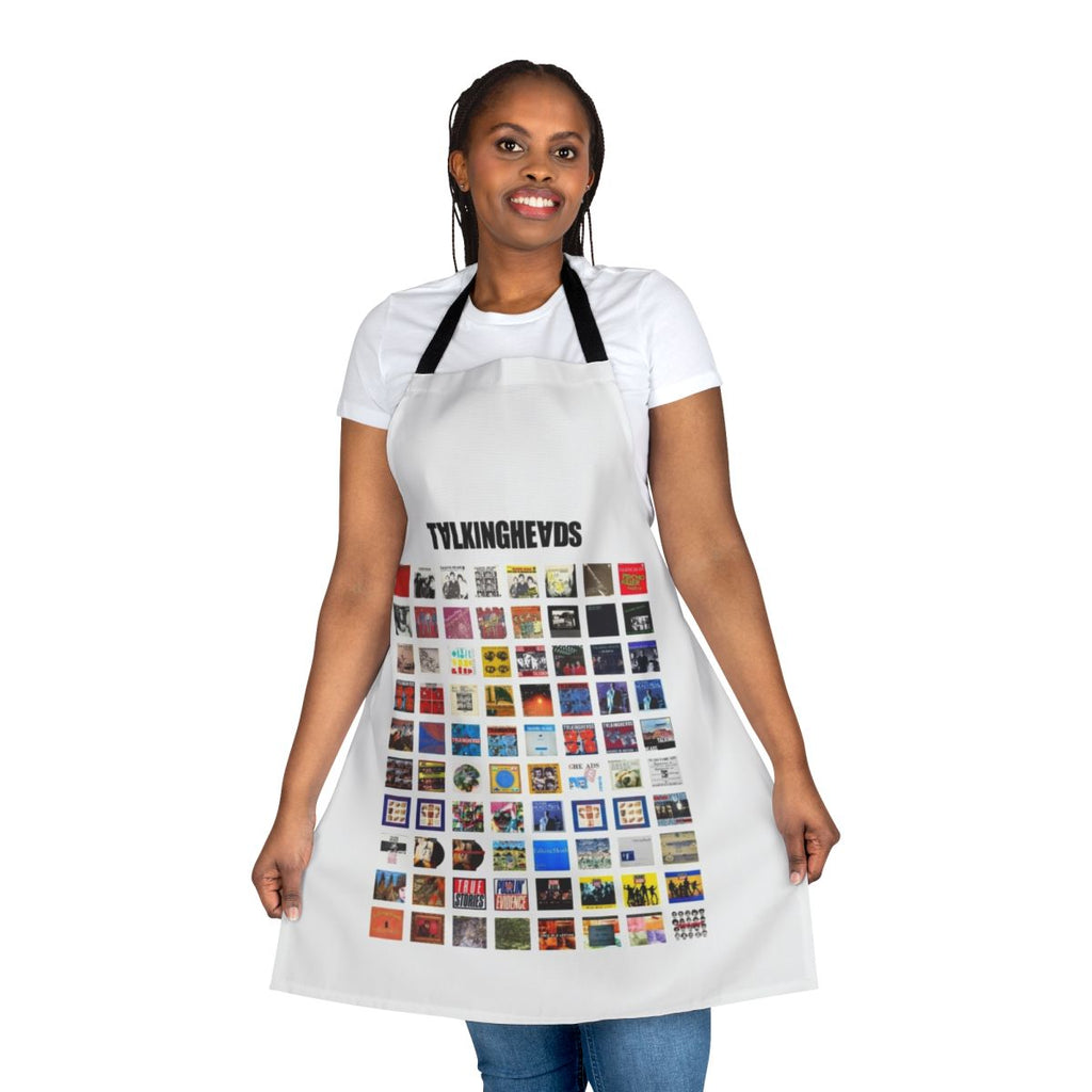 Retro-style apron featuring iconic Talking Heads album art and music graphics