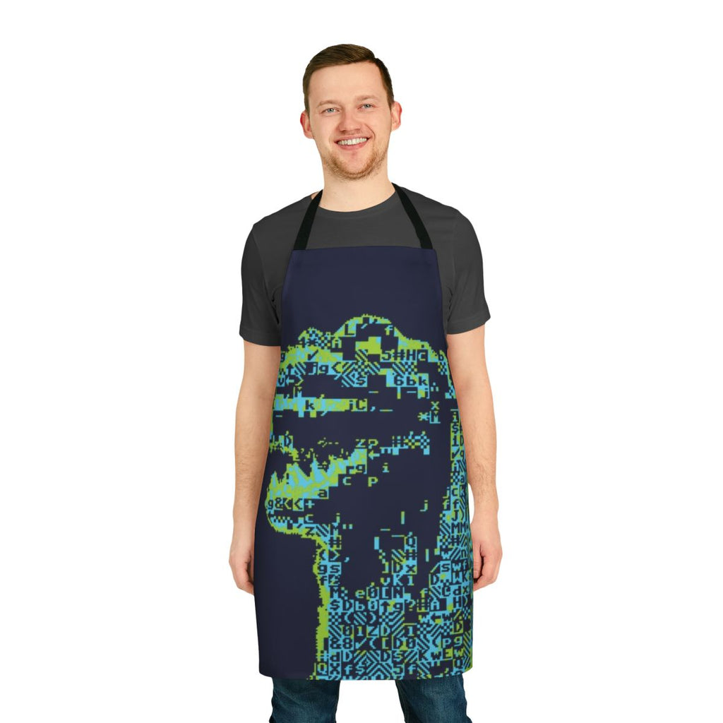 Retro-style ASCII art design of a giant lizard on a durable kitchen apron
